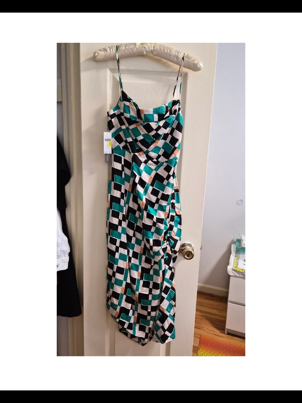 Anthropologie Geometric Block-Print Maxi Dress in Teal, Black & Cream